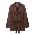 Women's Faux Suede Belted Jacket Elegant Lapel Long Sleeve Solid Color Coat With Pockets For Autumn Winter Outerwear