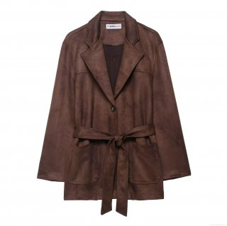 Women's Faux Suede Belted Jacket Elegant Lapel Long Sleeve Solid Color Coat With Pockets For Autumn Winter Outerwear