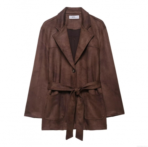Women's Faux Suede Belted Jacket Elegant Lapel Long Sleeve Solid Color Coat With Pockets For Autumn Winter Outerwear