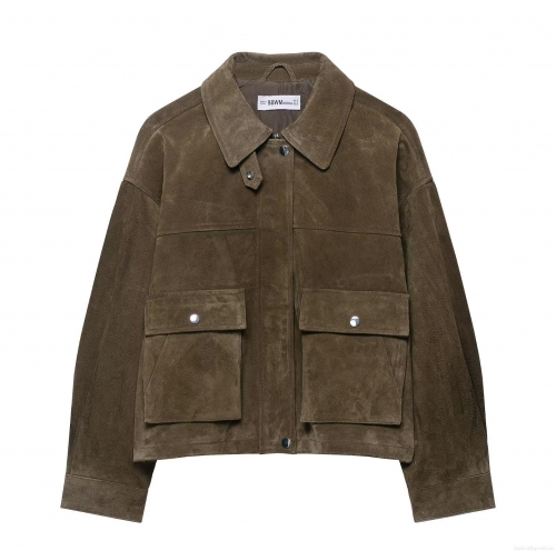 Women's Casual Suede Texture Jacket Turn-down Collar Long Sleeve Loose Fit Outwear With Pockets And Metal Buttons Street Style Solid Color Fall Coat