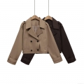 Women's Short Double Breasted Trench Coat Lapel Long Sleeve Cropped Windbreaker Jacket With Epaulettes 100% Polyester Classic Solid Color Autumn Outwear Street Style