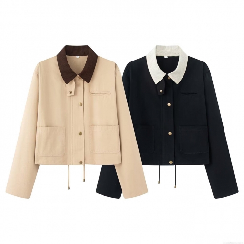 Women's European Style Color-block Corduroy Lapel Jacket Long Sleeve Patchwork Loose Outerwear With Metal Buttons And Drawstring Hem Casual Street Style Coat For Autumn