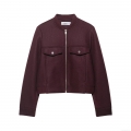 Women Burgundy Short Bomber Jacket Woolen Texture Long Sleeve Zipper Coat Casual Streetwear Outwear With Pockets