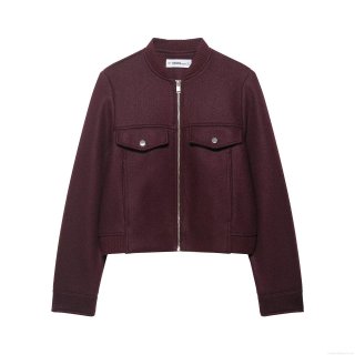 Women Burgundy Short Bomber Jacket Woolen Texture Long Sleeve Zipper Coat Casual Streetwear Outwear With Pockets