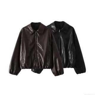 Women's Faux Leather PU Jacket Long Sleeve Lapel Zipper Outerwear Loose Streetwear Bomber Coat For Autumn Winter Windproof Fashion Lady Moto Jacket