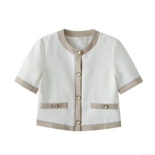 Women's Short Sleeve Jacket Contrast Trim Round Neck Single Breasted Crop Coat Polyester Splicing Elegant Tweed Style Outerwear For Ladies Autumn Fashion
