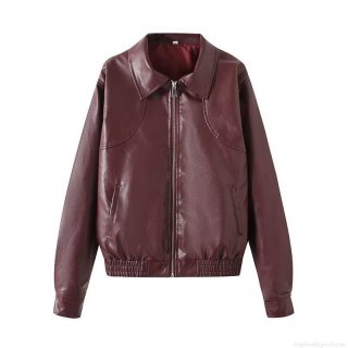 Women's Faux Leather Jacket Wine Red Turn-down Collar Long Sleeve Biker Style PU Outerwear With Metal Zipper For Autumn Fashion Casual Streetwear