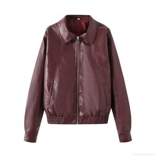 Women's Faux Leather Jacket Wine Red Turn-down Collar Long Sleeve Biker Style PU Outerwear With Metal Zipper For Autumn Fashion Casual Streetwear