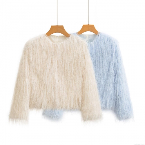 Women's Fashion Faux Fur Tassel Jacket Elegant Round Neck Long Sleeve Solid Color Loose Coat With Silky Lining And Hidden Buttons For Autumn Streetwear