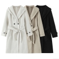 Women's Autumn Winter Hooded Woolen Coat With Belt Double Breasted Long Trench Coat Elegant Overcoat Solid Color Outerwear For Women