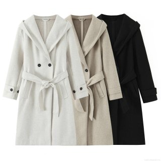 Women's Autumn Winter Hooded Woolen Coat With Belt Double Breasted Long Trench Coat Elegant Overcoat Solid Color Outerwear For Women