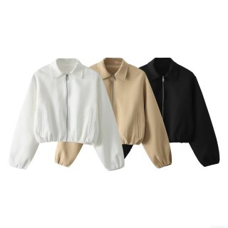 Women's Fashion Polyester Puffed Jacket Solid Color Short Zipper Outerwear Casual Autumn Winter Long Sleeve Lapel Streetwear Coat