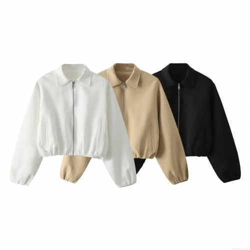 Women's Fashion Polyester Puffed Jacket Solid Color Short Zipper Outerwear Casual Autumn Winter Long Sleeve Lapel Streetwear Coat