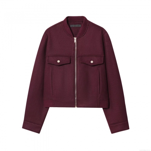 Women's Wine Red Bomber Jacket Polyester Woolen Feel Zip Up Coat With Pockets Ribbed Trim Casual Long Sleeve Stand Collar Streetwear Autumn Outerwear