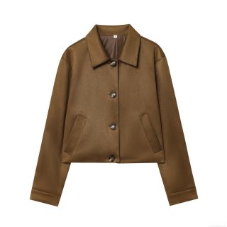Women Suede Texture Short Jacket Long Sleeve Turnover Collar Single Breasted Baseball Coat Outerwear For Autumn Winter Streetwear Ladies Dark Brown Top