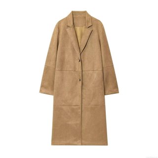Women's Suede Texture Mid-Length Coat Fall Winter Lapel Long Sleeve Single Breasted Trench Coat Street Style Warm Polyester Outerwear For Women