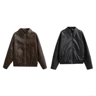 Women's PU Leather Jacket Long Sleeve Lapel Zipper Outerwear Loose Fit Polyester Lining Bomber Coat Streetwear For Autumn Winter