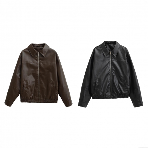 Women's PU Leather Jacket Long Sleeve Lapel Zipper Outerwear Loose Fit Polyester Lining Bomber Coat Streetwear For Autumn Winter