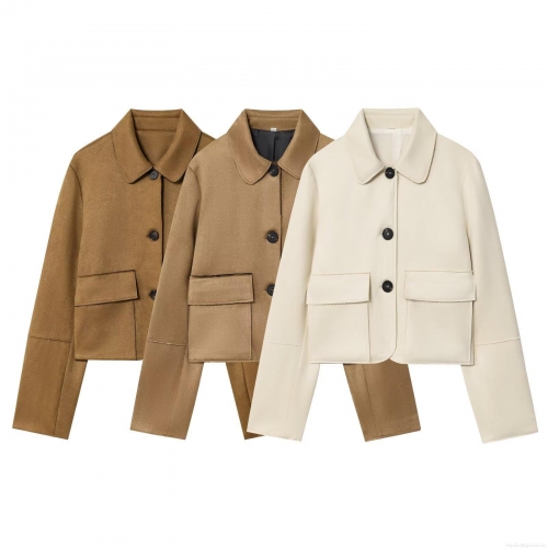 Women Suede Texture Lapel Long Sleeve Short Jacket Single Breasted Solid Color Coat With Pockets Fashion Streetwear Outerwear For Autumn Winter