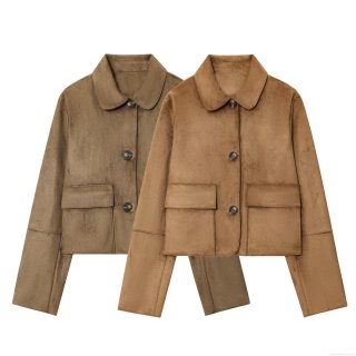 Women's Faux Suede Jacket Vintage Lapel Long Sleeve Single Breasted Short Coat Streetwear Outerwear Solid Color With Large Pockets Autumn Winter