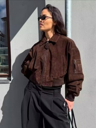 Women's Casual Suede Bomber Jacket Zip Up Short Flight Coat Solid Color Lapel Long Sleeve Outwear Streetwear Fashion Autumn Winter Jacket