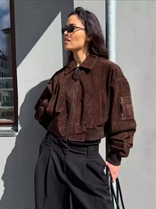Women's Casual Suede Bomber Jacket Zip Up Short Flight Coat Solid Color Lapel Long Sleeve Outwear Streetwear Fashion Autumn Winter Jacket