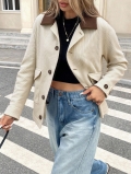 Women Corduroy Jacket Contrast Flip Collar Single Breasted Oversized Long Sleeve Outerwear With Pockets Solid Color Casual Commuter Retro Coat