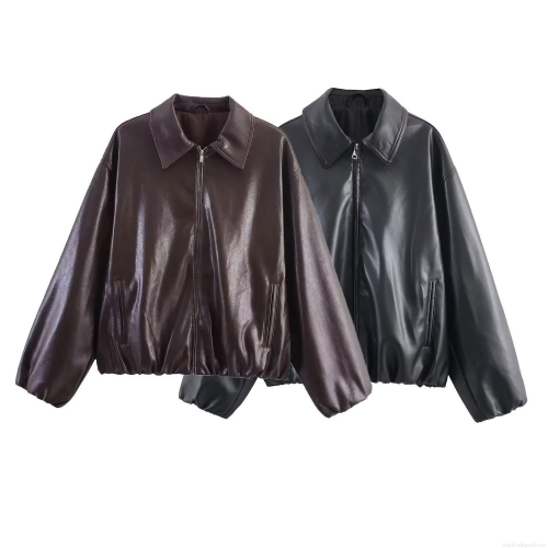 Women's Vintage Faux PU Leather Jacket With Polyester Lining Lapel Collar Zipper Closure Long Sleeve Streetwear Bomber Coat For Ladies
