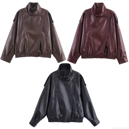 Women's Retro PU Leather Jacket Stand Collar Long Sleeve Loose Fit Lychee Grain Outerwear For Autumn Winter Streetwear Coat With Polyester Lining