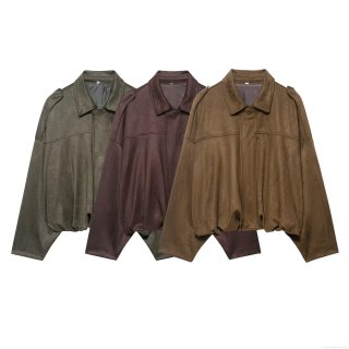 Women's Faux Suede Cropped Jacket 100% Polyester Lapel Zipper Streetwear Outerwear Solid Color Vintage Loose Baseball Coat With Pockets