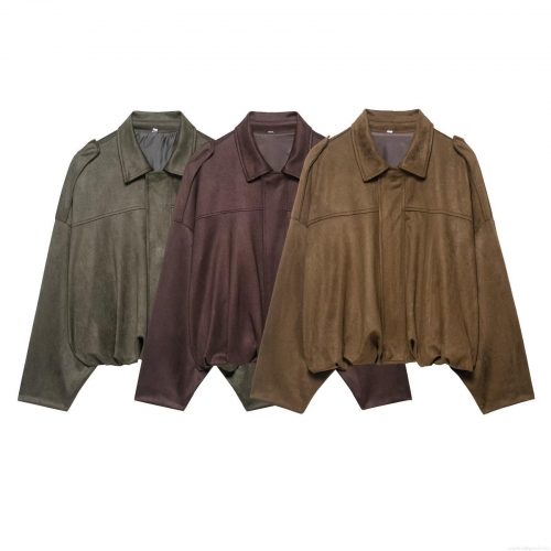 Women's Faux Suede Cropped Jacket 100% Polyester Lapel Zipper Streetwear Outerwear Solid Color Vintage Loose Baseball Coat With Pockets