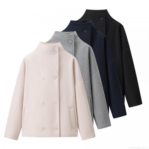 Women's Double Breasted Woolen Coat Stand Collar Polyester Short Peacoat Elegant Solid Color Autumn Winter Outerwear For Ladies Office Daily Fashion