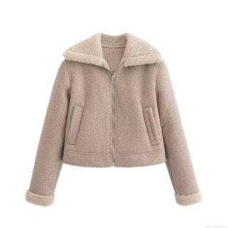 Women's Faux Suede Shearling Lined Jacket Turn-down Collar Long Sleeve Patchwork Zip Up Short Coat Casual Warm Outerwear for Autumn Winter Streetwear