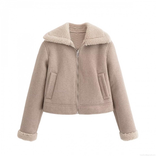 Women's Faux Suede Shearling Lined Jacket Turn-down Collar Long Sleeve Patchwork Zip Up Short Coat Casual Warm Outerwear for Autumn Winter Streetwear