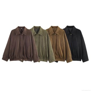 Women Suede Texture Jacket Retro Lapel Zipper Button Baseball Uniform Casual Loose Long Sleeve Outerwear Streetwear Autumn Coat For Women