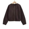 Women's Suede-like Baseball Jacket Zipper Decoration Round Neck Long Sleeve Solid Coffee Brown Coat Autumn Winter Streetwear Oversized Outerwear