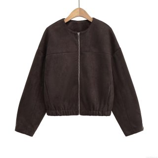 Women's Suede-like Baseball Jacket Zipper Decoration Round Neck Long Sleeve Solid Coffee Brown Coat Autumn Winter Streetwear Oversized Outerwear