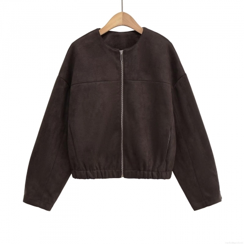 Women's Suede-like Baseball Jacket Zipper Decoration Round Neck Long Sleeve Solid Coffee Brown Coat Autumn Winter Streetwear Oversized Outerwear