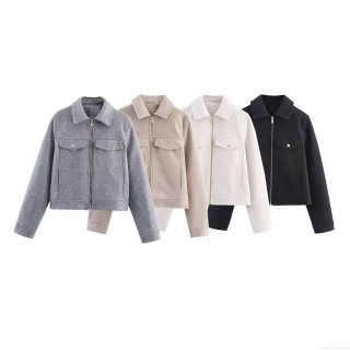Women's Short Jacket Woolen Feel Lapel Zipper Outerwear With Pockets Solid Color Casual Streetwear Coat For Autumn Winter