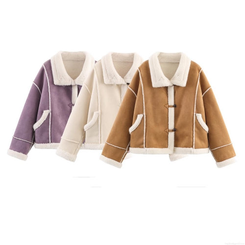 Women's Faux Fur Shearling Jacket With Suede Patchwork Turn-down Collar Toggle Button Warm Winter Coat Streetwear Style For Ladies Autumn Winter