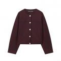 Vintage Women's Burgundy Woolen Jacket With Gold Buttons Round Neck Long Sleeve Casual Streetwear Short Coat Fall Winter Jacket