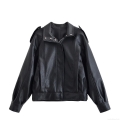 Women's Autumn Black PU Leather Biker Jacket Lychee Texture Lapel Zipper Long Sleeve Drop Shoulder Fashion Street Outerwear Coat
