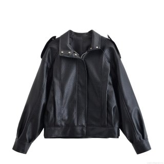 Women's Autumn Black PU Leather Biker Jacket Lychee Texture Lapel Zipper Long Sleeve Drop Shoulder Fashion Street Outerwear Coat