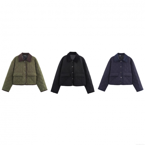 Women's Casual Diamond Quilted Jacket With Corduroy Collar Vintage Long Sleeve Button Down Padded Coat Streetwear Outwear For Autumn Winter