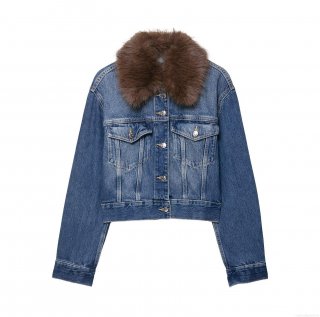 Women's Retro Blue Faux Fur Collar Denim Jacket With Metal Buttons Short Faux Shearling Lapel Jean Coat For Autumn Winter Streetwear