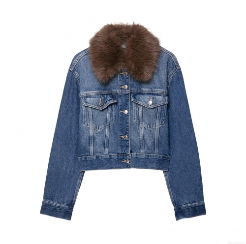 Women's Retro Blue Faux Fur Collar Denim Jacket With Metal Buttons Short Faux Shearling Lapel Jean Coat For Autumn Winter Streetwear