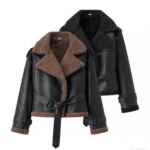 Women's PU Leather Motorcycle Jacket With Faux Shearling Lining Lapel Collar Belted Waist Long Sleeve Warm Outerwear For Autumn Winter Streetwear Fashion