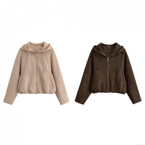 Women's Faux Suede Hooded Jacket Solid Color Zipper Baseball Coat Casual Long Sleeve Streetwear Outerwear For Women Fall Fashion