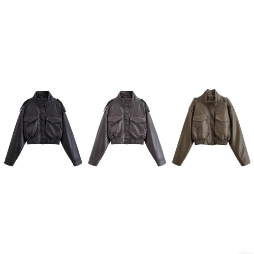 Women's Retro PU Faux Leather Jacket Casual Stand Collar Zipper Cropped Baseball Uniform With Pockets Long Sleeve Streetwear Outerwear Coat