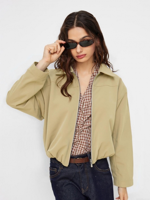 Women's Short Cargo Jacket 100% Polyester Zipper Up Utility Outerwear Lapel Stand Collar Long Sleeve Windbreaker For Daily Commute Retro Casual Coat Khaki